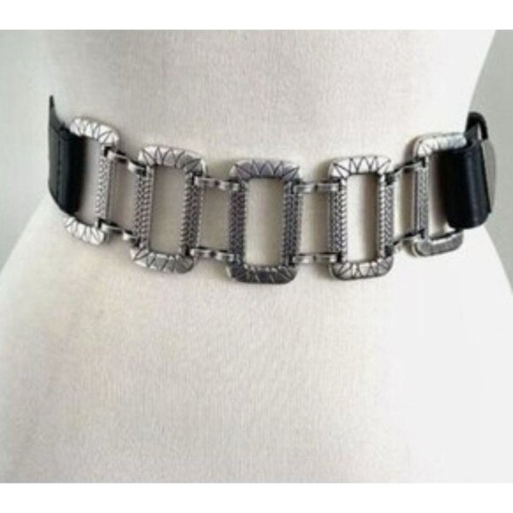 Vintage Style Black Faux Leather Silver Engraved Metal Link Statement Waist Belt main image 6